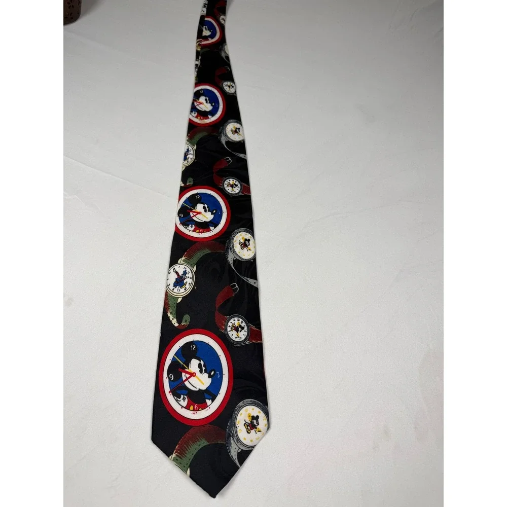 Vintage Mickey Unlimited Disney Watch Clock Print Necktie Black Balancine USA